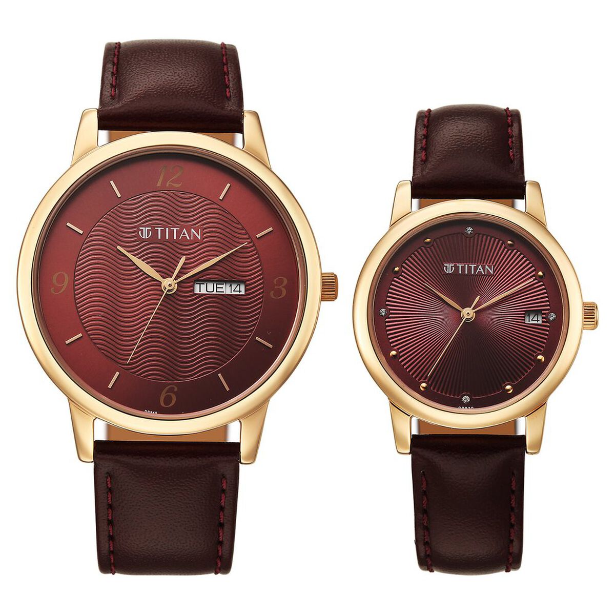 Titan Bandhan Eternal Pair Analog with Date and Maroon Dial Maroon Leather Strap Watch for Couples 1