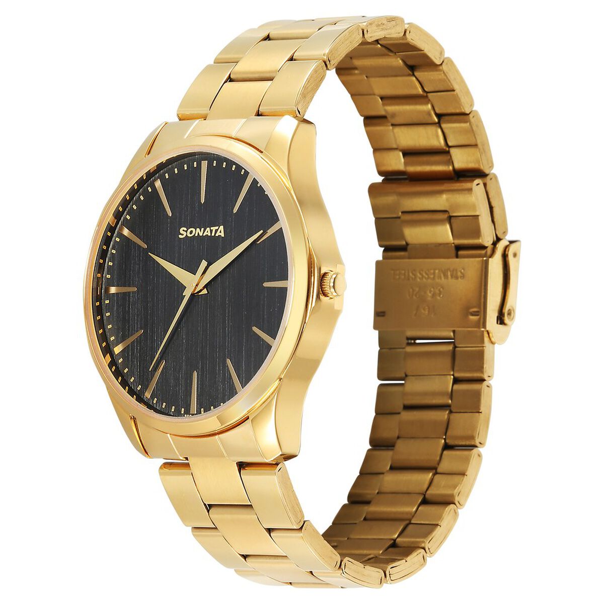 Sonata Traditional Essentials Quartz Analog Black Dial Golden Metal Strap Watch For Men 2
