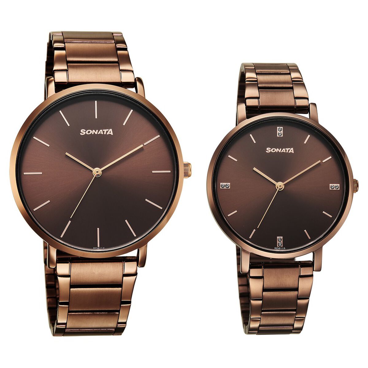 Sonata Soulmate Quartz Analog Brown Dial Brown Stainless Steel Strap Watch For Couple 1
