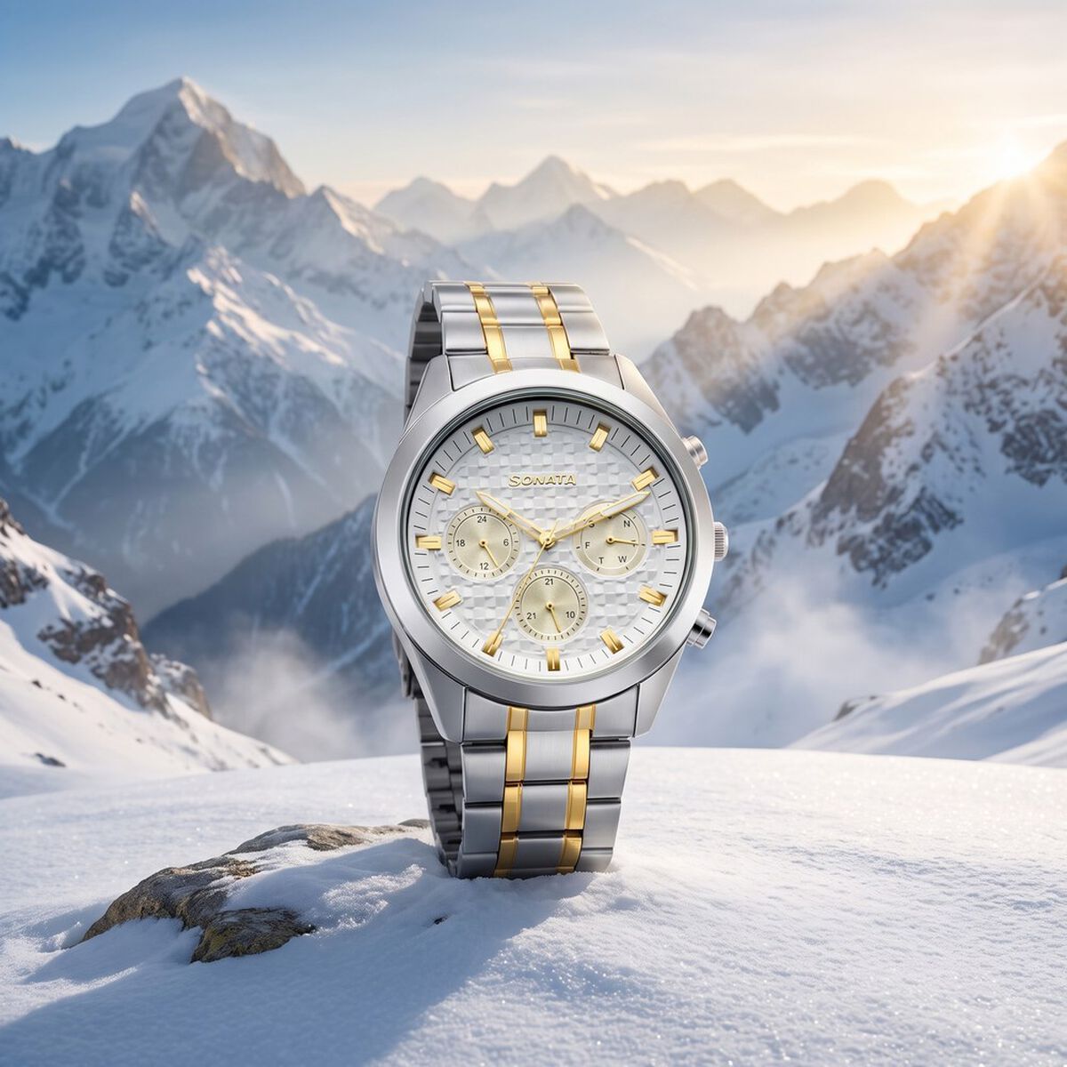Sonata Multifunction White Dial Two Toned Metal Strap Watch For Men 1