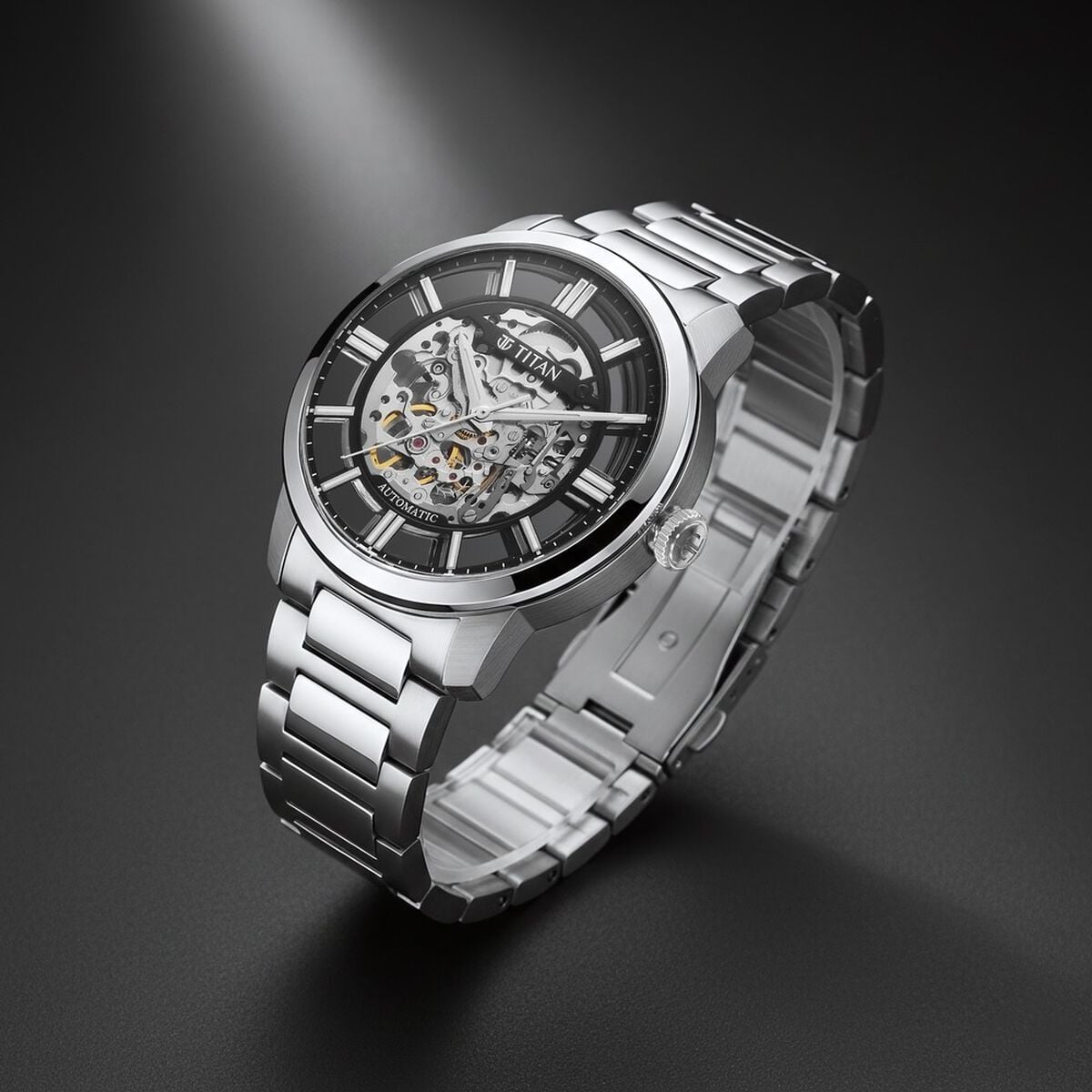 Titan See-Through Skeletal Automatic Analog with Black Dial Silver Stainless Steel Strap Watch for Men 1