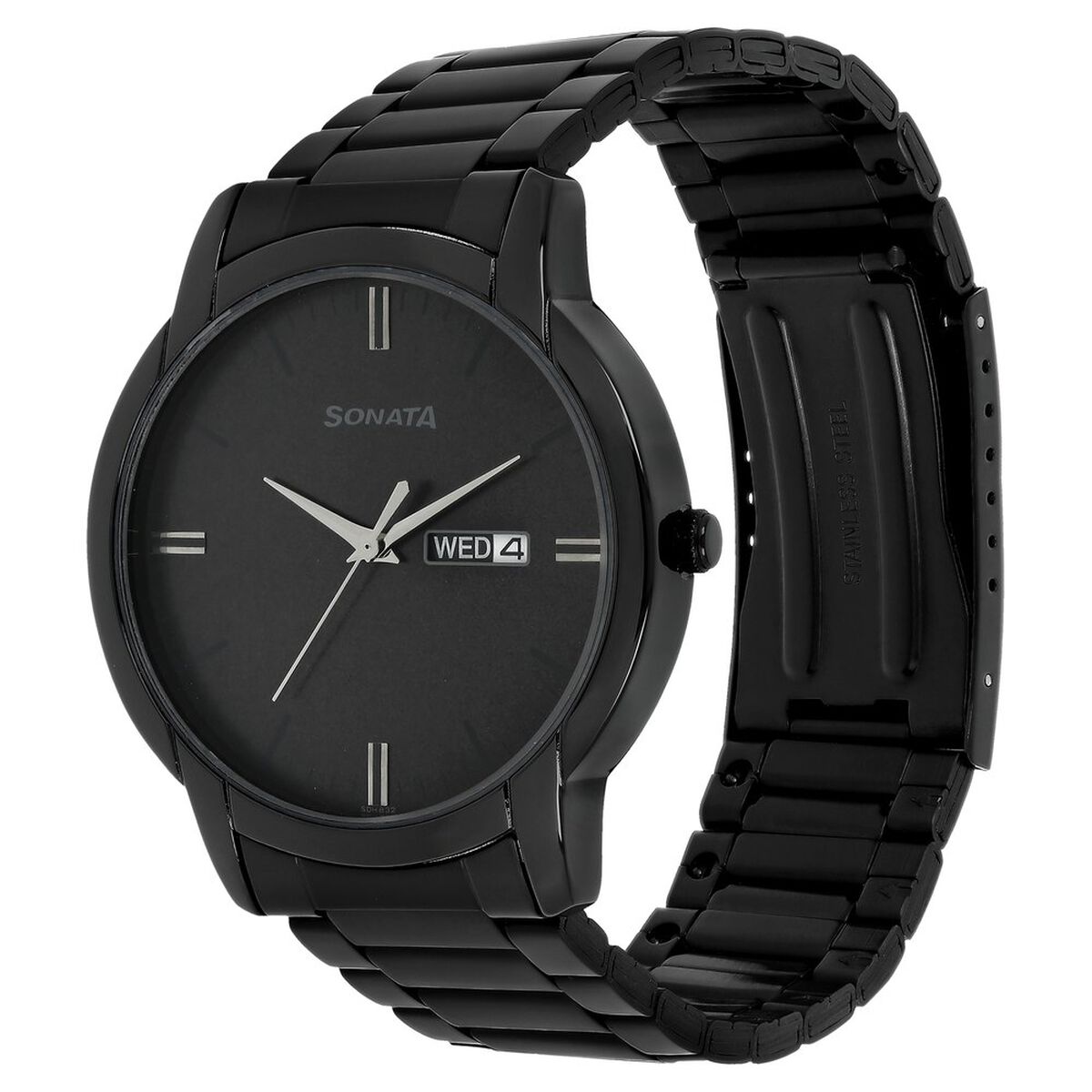 Sonata Quartz Analog with Day and Date Black Dial Stainless Steel Strap Watch for Men 3