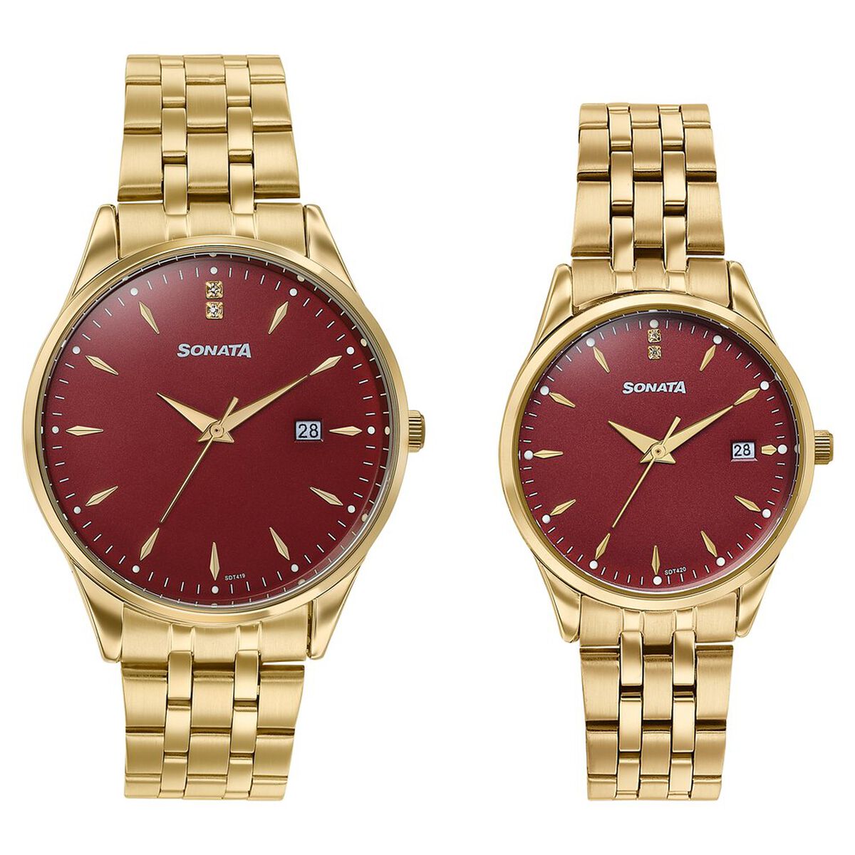 Sonata Jashn Quartz Analog Red Dial Golden Metal Strap Watch For Couple 1