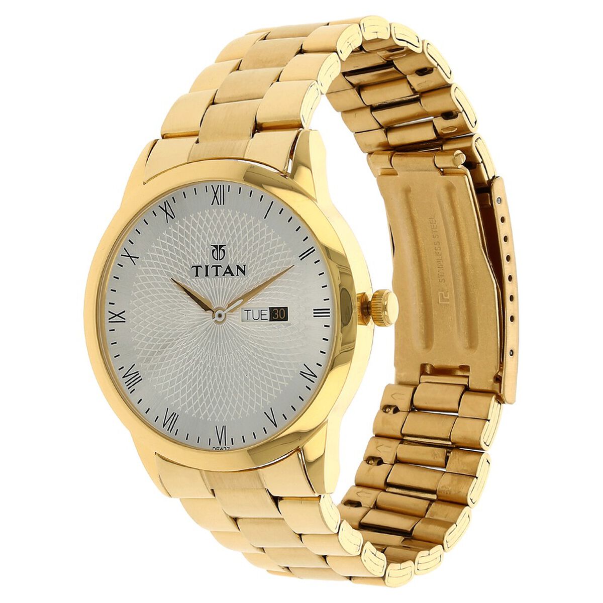 Titan Quartz Analog with Day and Date Silver Round Dial Golden Stainless Steel Strap Watch For Men 2