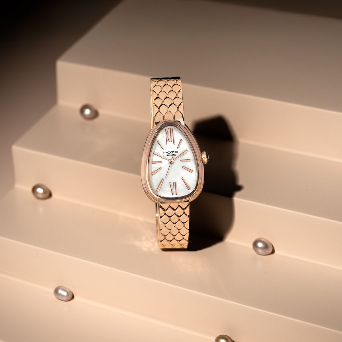 Sonata Poze Quartz Analog Mother of Pearl Dial Rose Gold Metal Strap Watch For Women 1