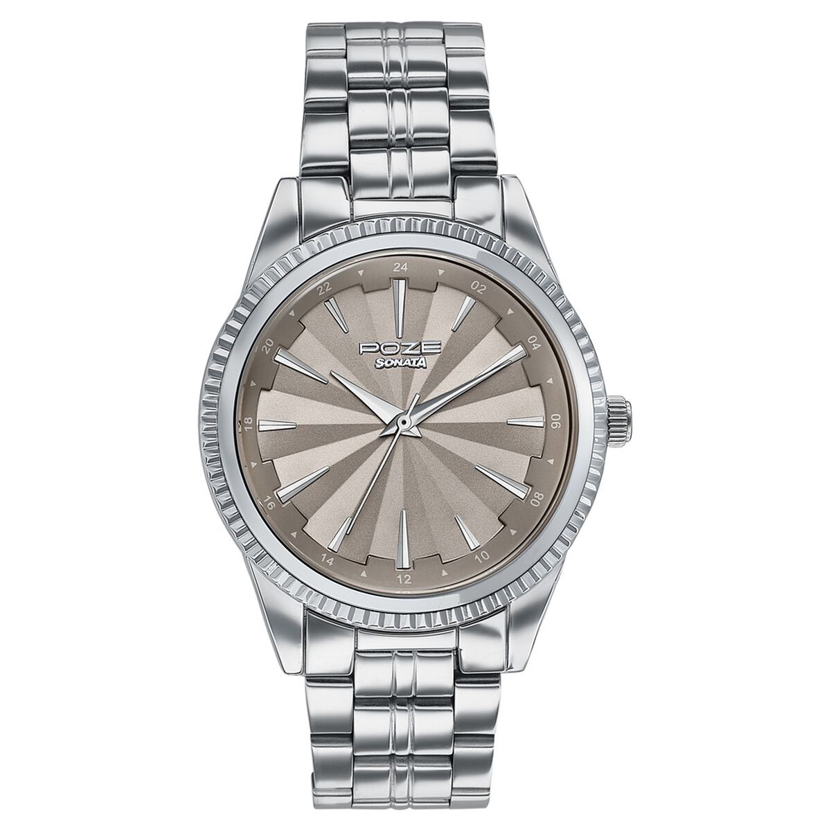 Poze By Sonata Quartz Analog Beige Dial Silver Metal Strap Watch For Men 2