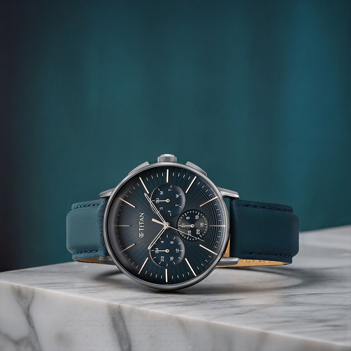 Titan Light leathers Multifunction Ocean Blue Dial Leather Strap Watch For Men 1