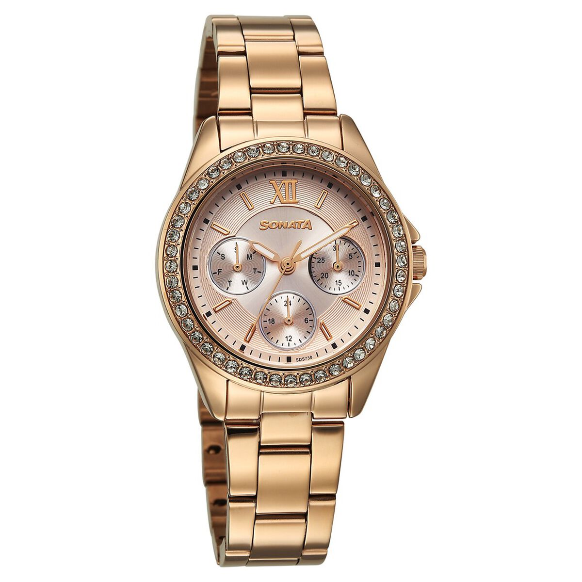 Sonata Festive Quartz Multifunction Pink Dial Metal Strap Watch For Women 1