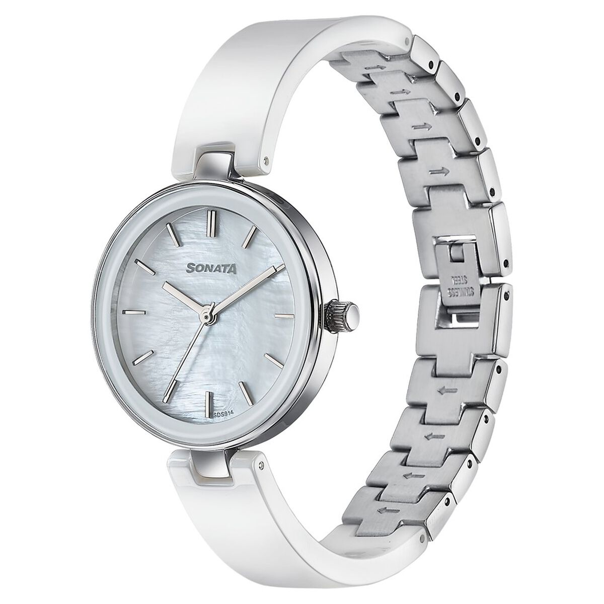 Sonata Festive Quartz Analog White Dial Two Toned Ceramic & Metal Strap Watch For Women 3