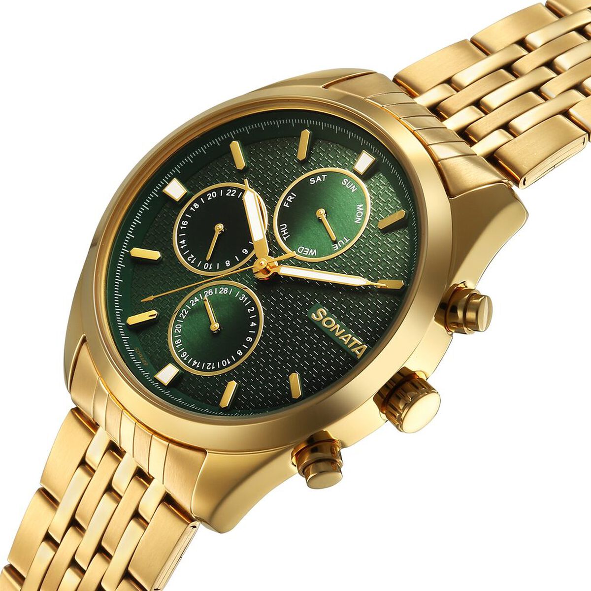 Sonata Magna Quartz Multifunction Green Dial Golden Stainless Steel Strap Watch For Men 5