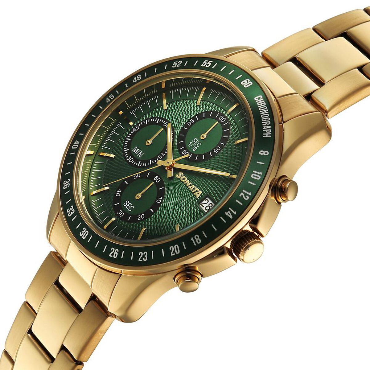 Sonata Chronos Quartz Analog with Date Green Dial Golden Colour Stainless Steel Strap Watch For Men 5