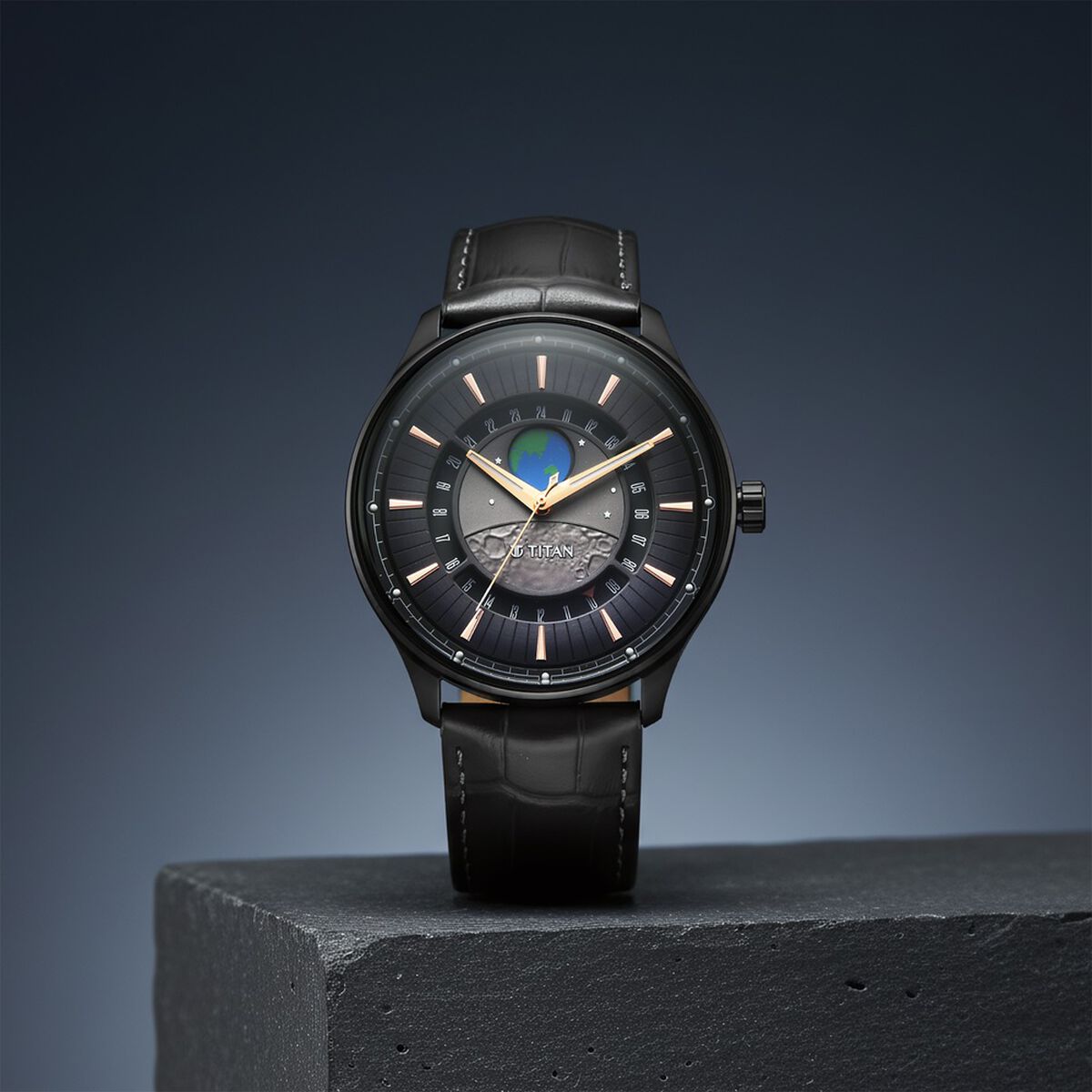 Titan Stellar Analog with Earth Disc and Gray Dial Gray Leather Strap Watch for Men 1