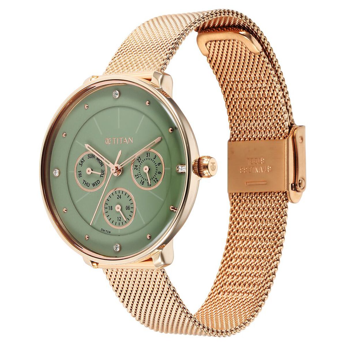 Titan Neo Quartz Multifunction Green Dial Stainless Steel Strap Watch for Women 3