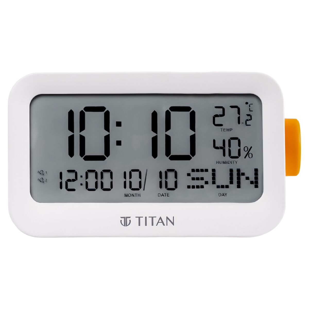 Titan Alarm Clock - Digital Lcd Screen Display With Day Date Month Temperature Humidity, Rotating Knob Setting 2