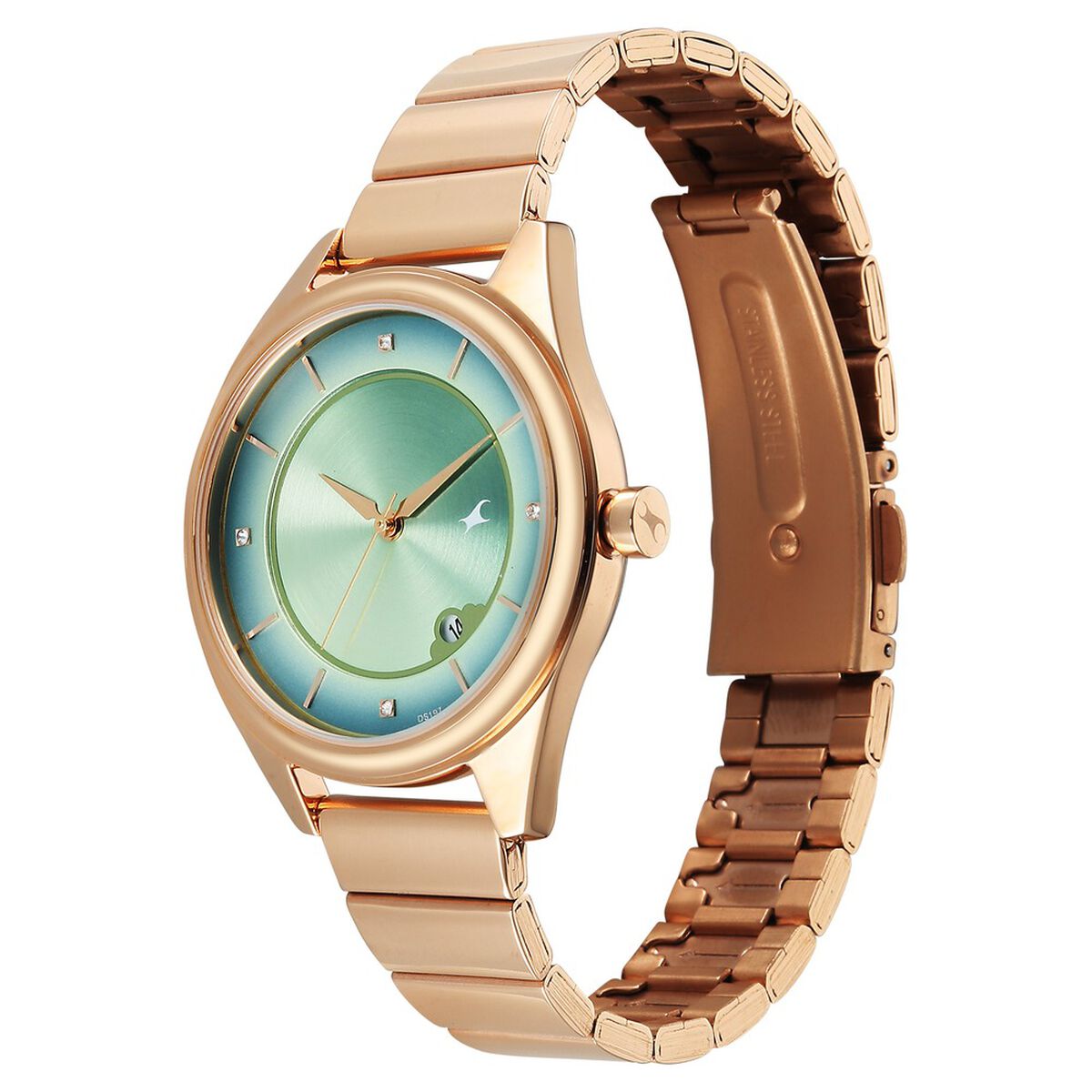 Fastrack Style Up Quartz Analog with Date Green Dial Rose Gold Colour Stainless Steel Strap Watch For Girls 3