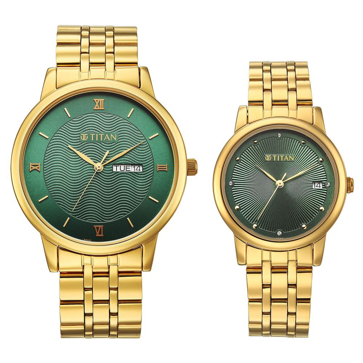 Titan Bandhan Eternal Pair Analog with Date and Green Dial Yellow Gold Stainless Steel Strap Watch for Couples 1