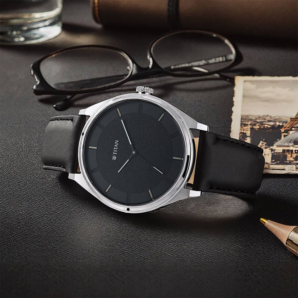 Titan Workwear Quartz Analog Black Dial Black Leather Strap Watch For Men 1