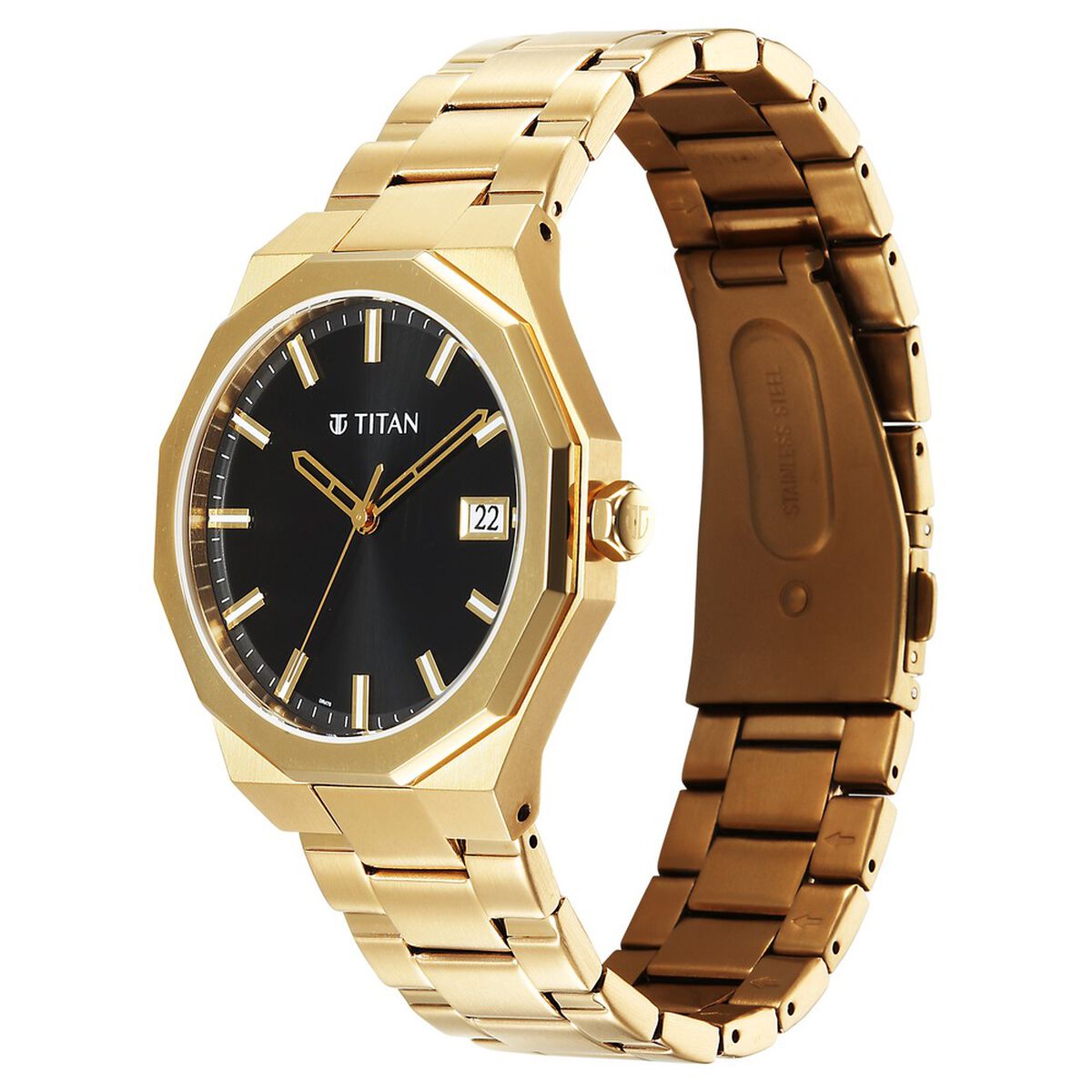 Titan Regalia Dodecagon Quartz Analog with Date Black Dial Golden Stainless Steel Strap Watch For Men 5