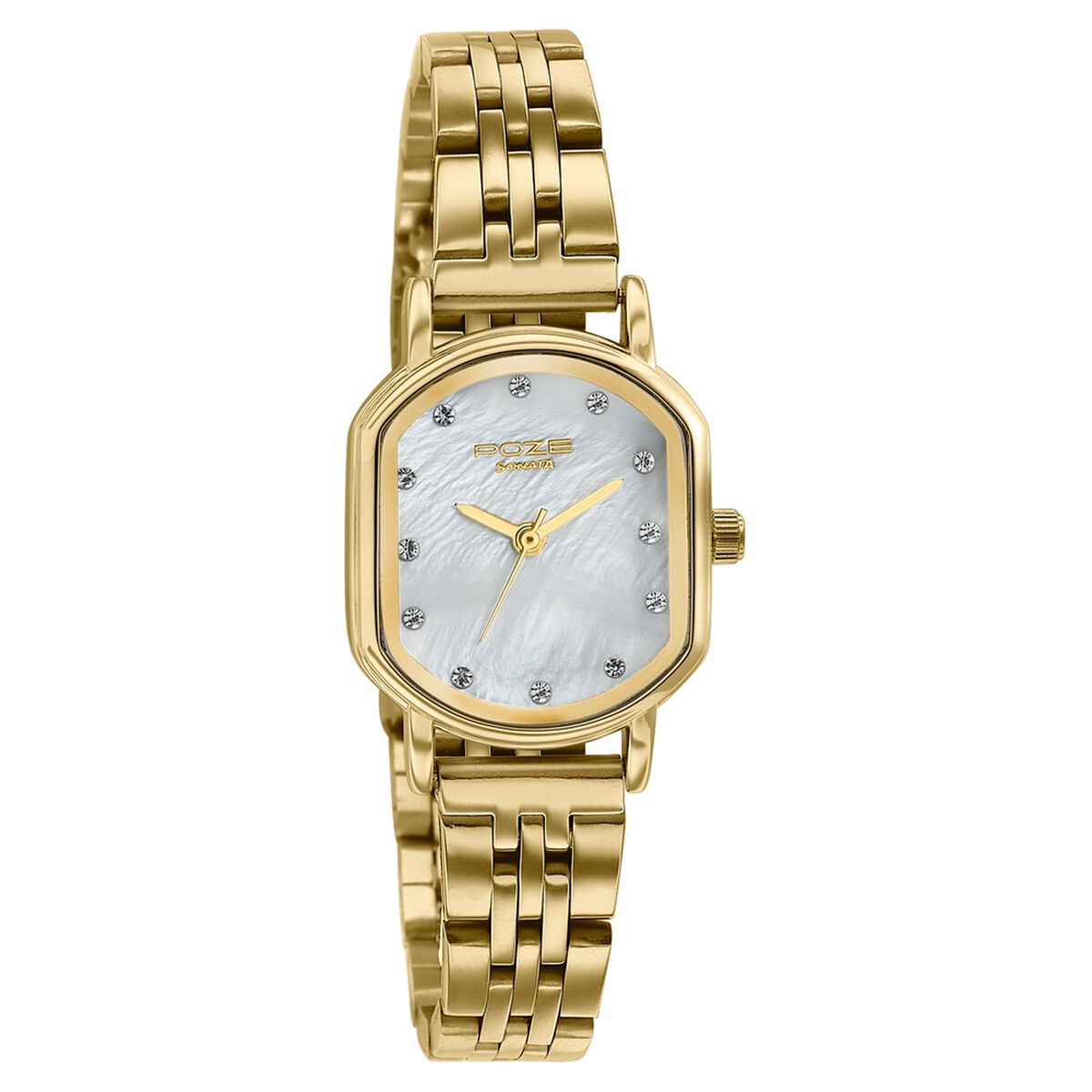 Poze By Sonata Quartz Analog White Mother of Pearl Dial Golden Stainless Steel Strap Watch For Women 3