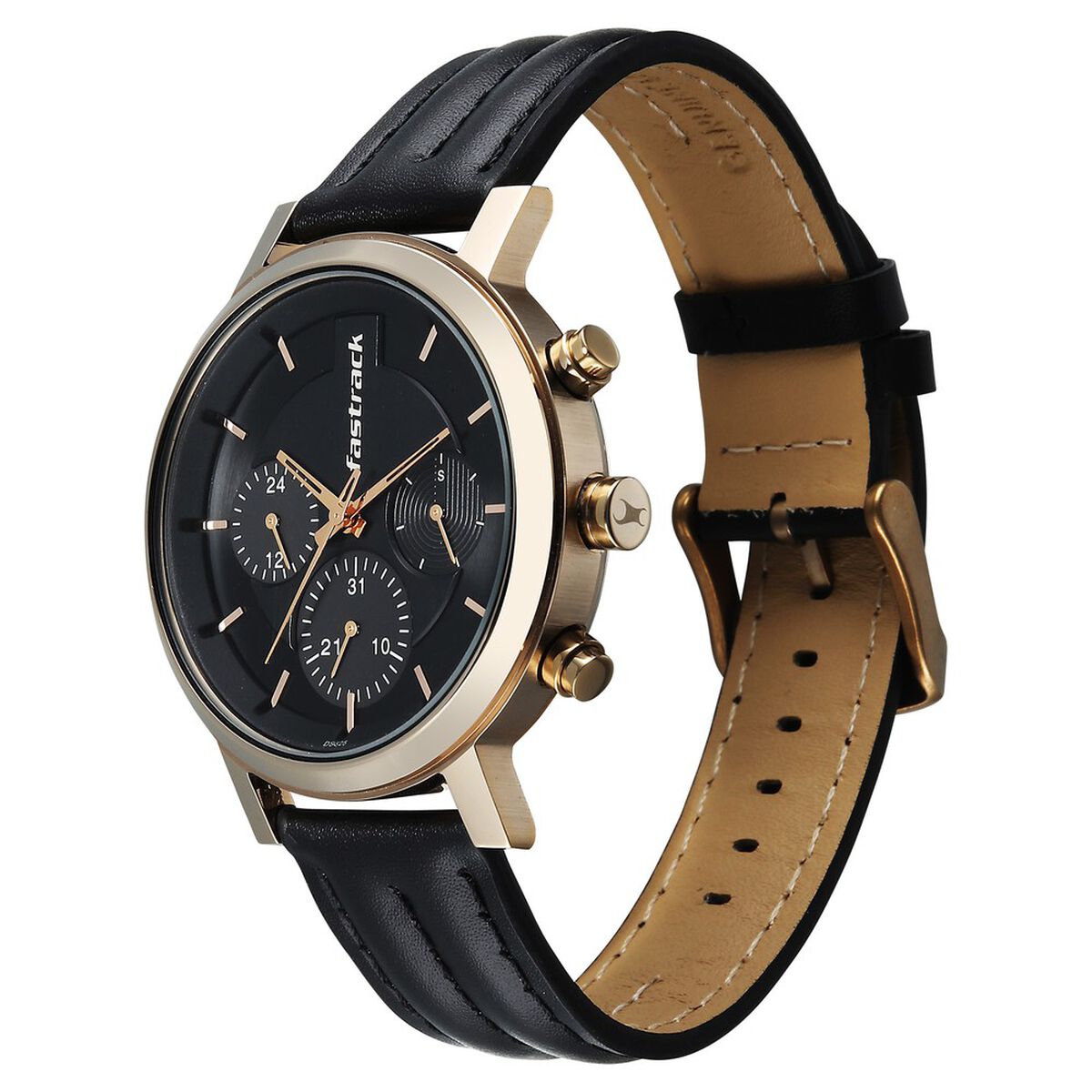 Fastrack Chrome K Quartz Multifunction Black Dial Black Leather Strap Watch For Guys 3