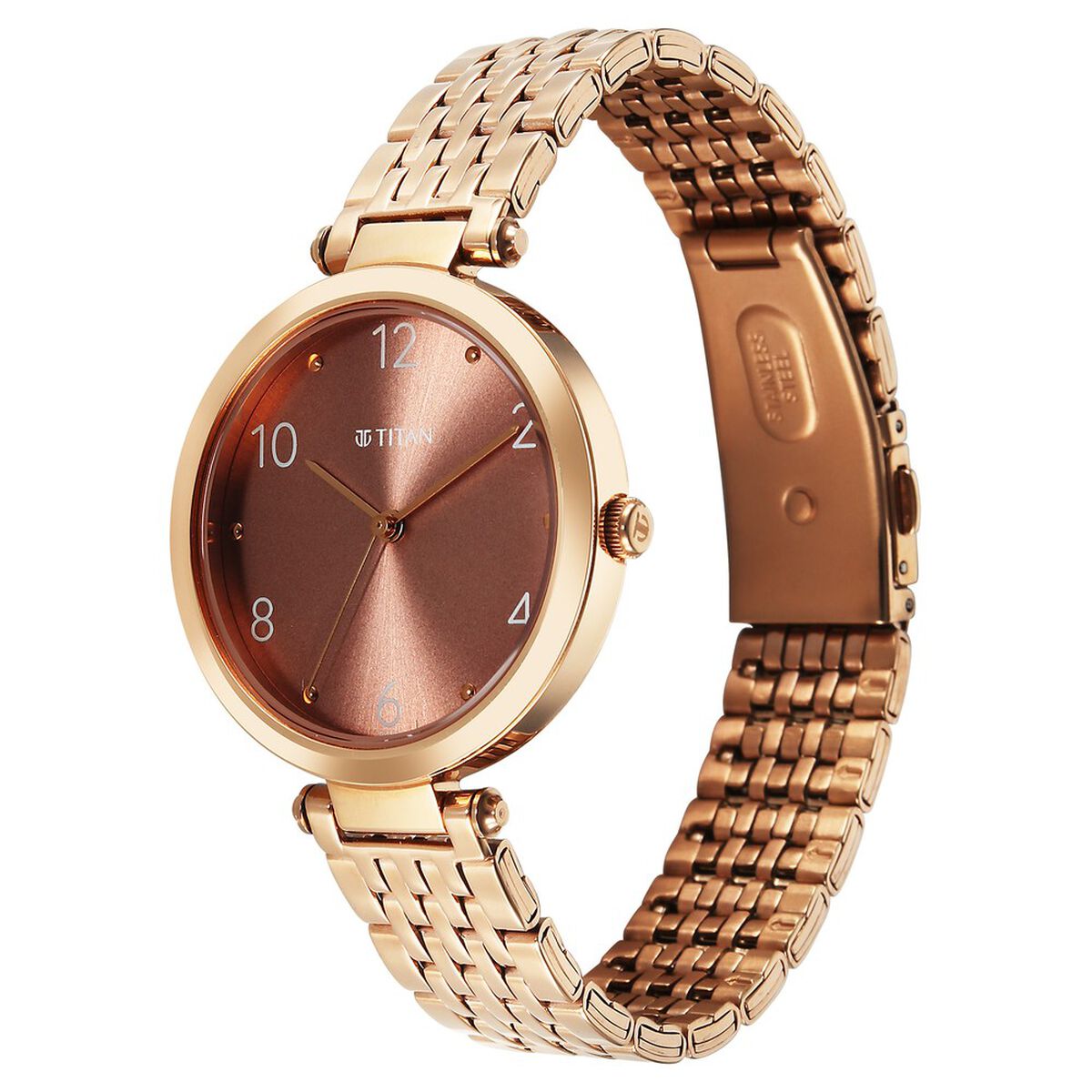 Titan Workwear Quartz Analog Brown Dial Rose Gold Colour Stainless Steel Strap Watch For Women 3