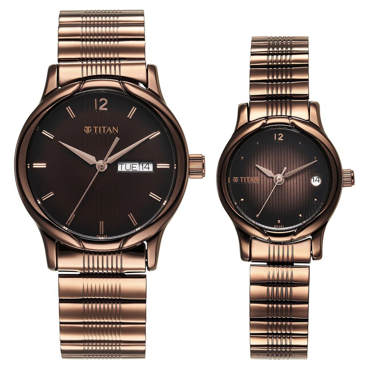 Titan Bandhan Quartz Analog with Date Brown Dial Stainless Steel Strap Watch for Couple 1