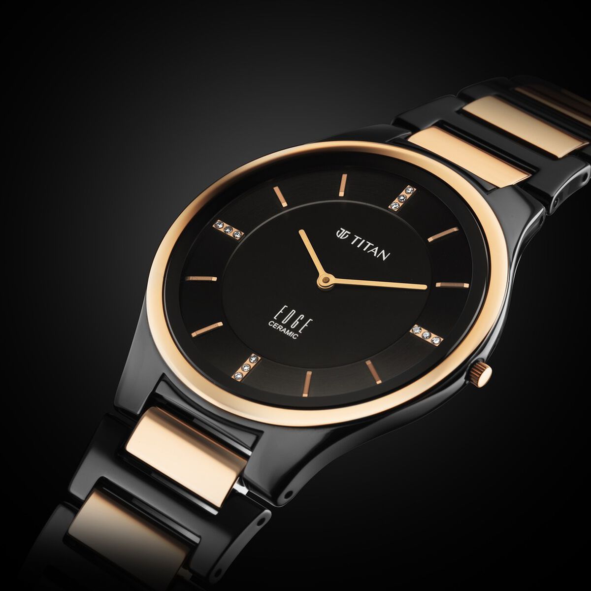 Titan Edge Ceramic Quartz in Midnight Gold with Diamonds and Black Dial Watch for Men 3