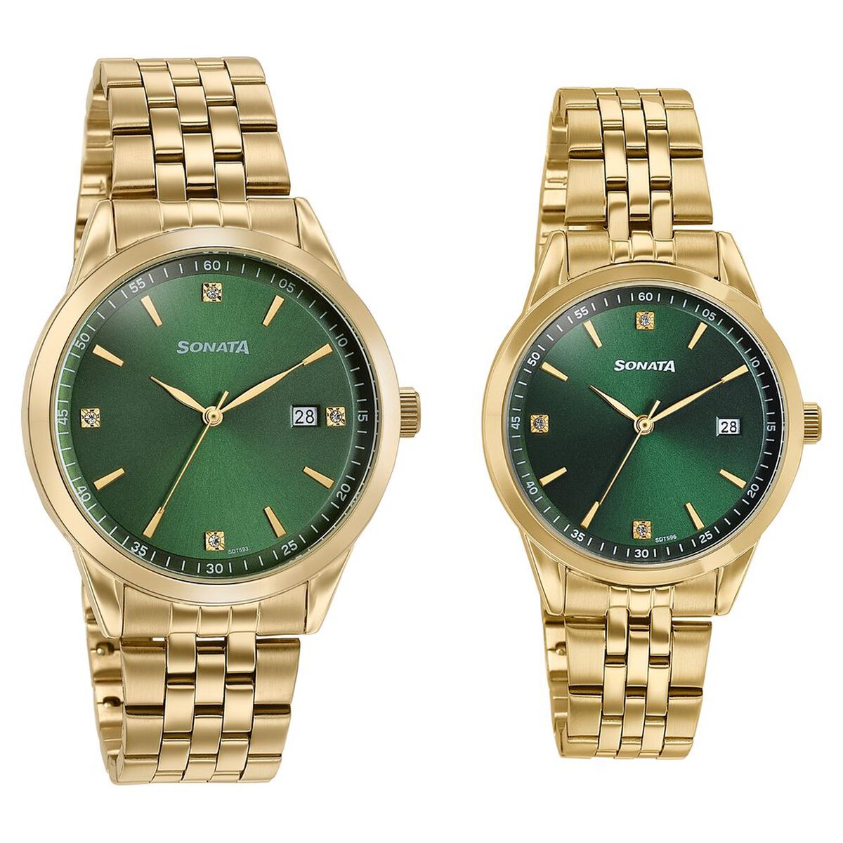 Sonata Jashn Quartz Analog Green Dial Golden Metal Strap Watch For Couple 2
