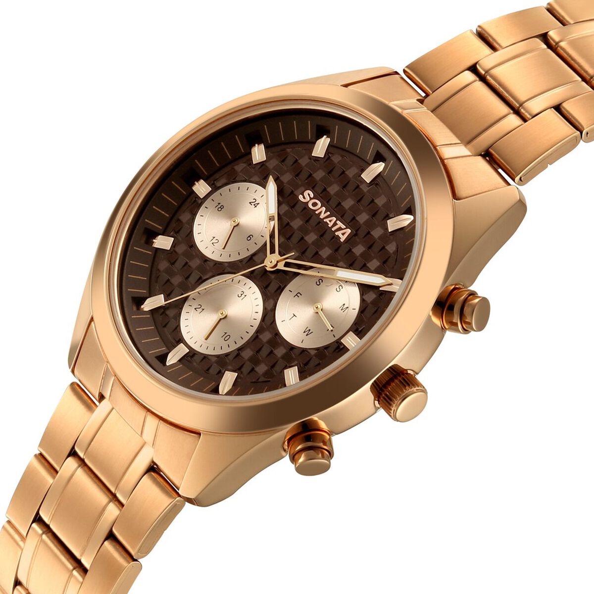 Sonata Multifunction Brown Dial Rose Gold Metal Strap Watch For Men 5