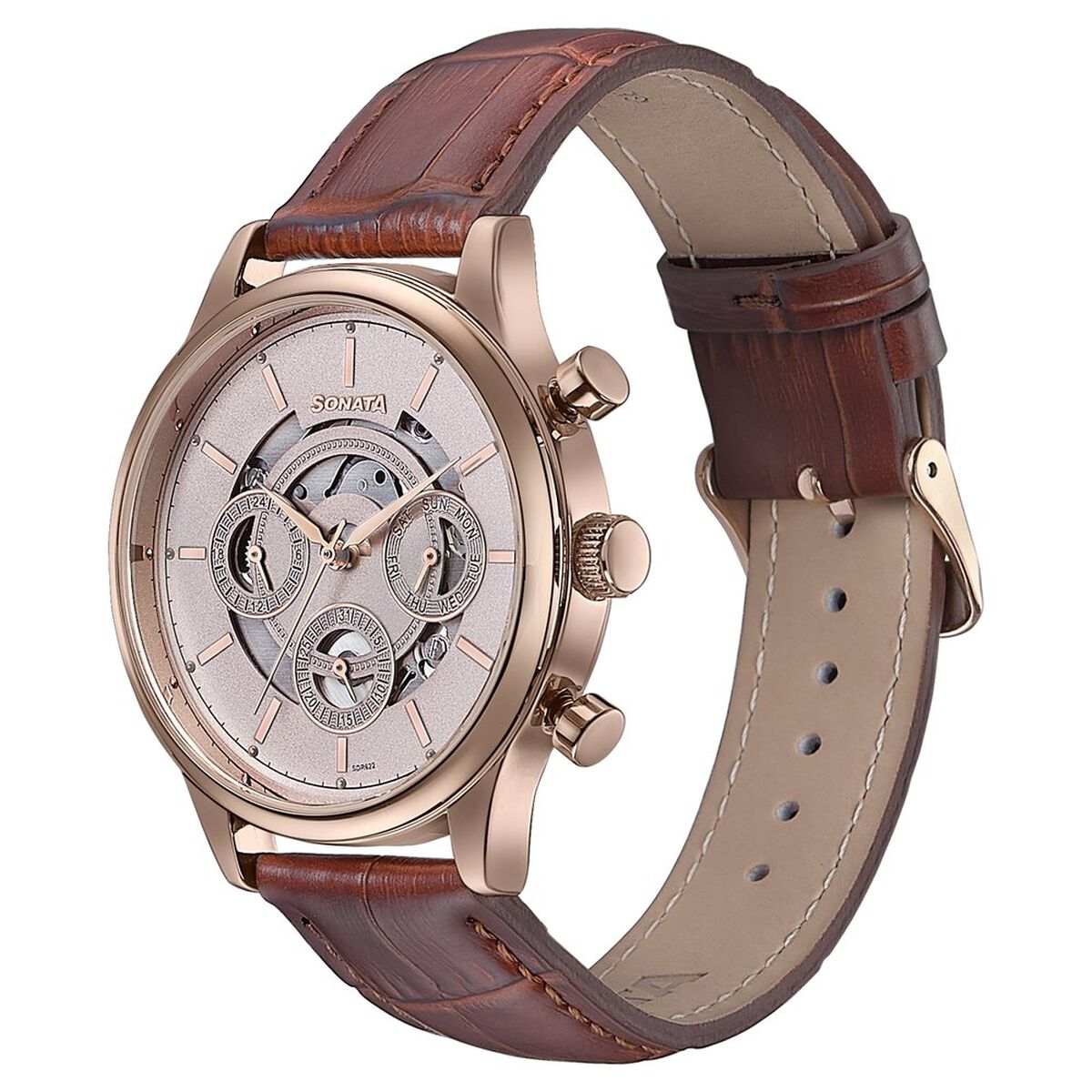 Sonata Wedding Edit Quartz Multifunction Pink Dial Leather Strap Watch For Men 4