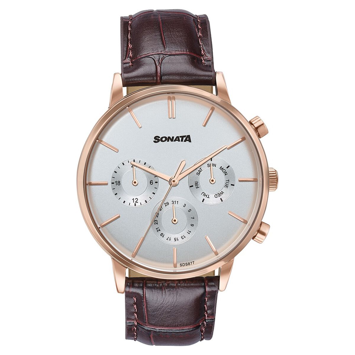 Sonata Festive Quartz Multifunction Silver Dial Brown Leather Strap Watch For Men 1
