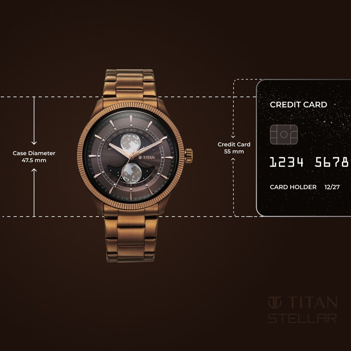 Titan Stellar Analog with Dual Moon Phase and Brown Dial IP Bronze Stainless Steel Strap Watch for Men 4