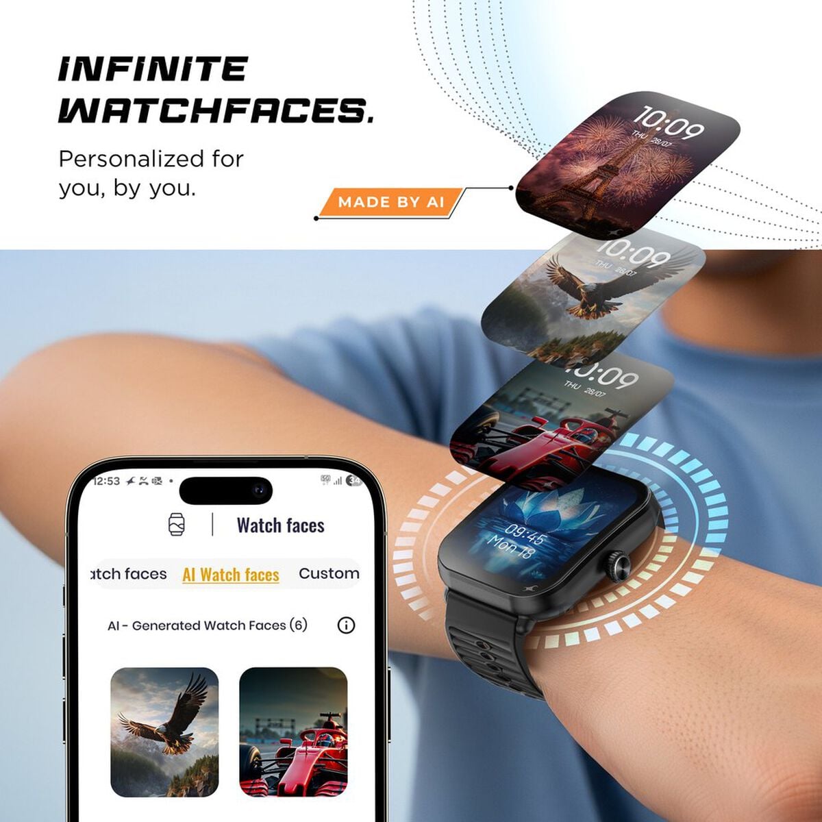 Fastrack MYND - 4.9 cm AMOLED Display, AI Watchface, Offline Voice Commands, AI Chat, BT Calling IP68 Smartwatch 3