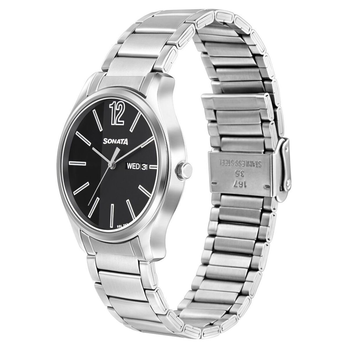 Sonata Quartz Analog with Day and Date Black Dial Stainless Steel Strap Watch for Men 2