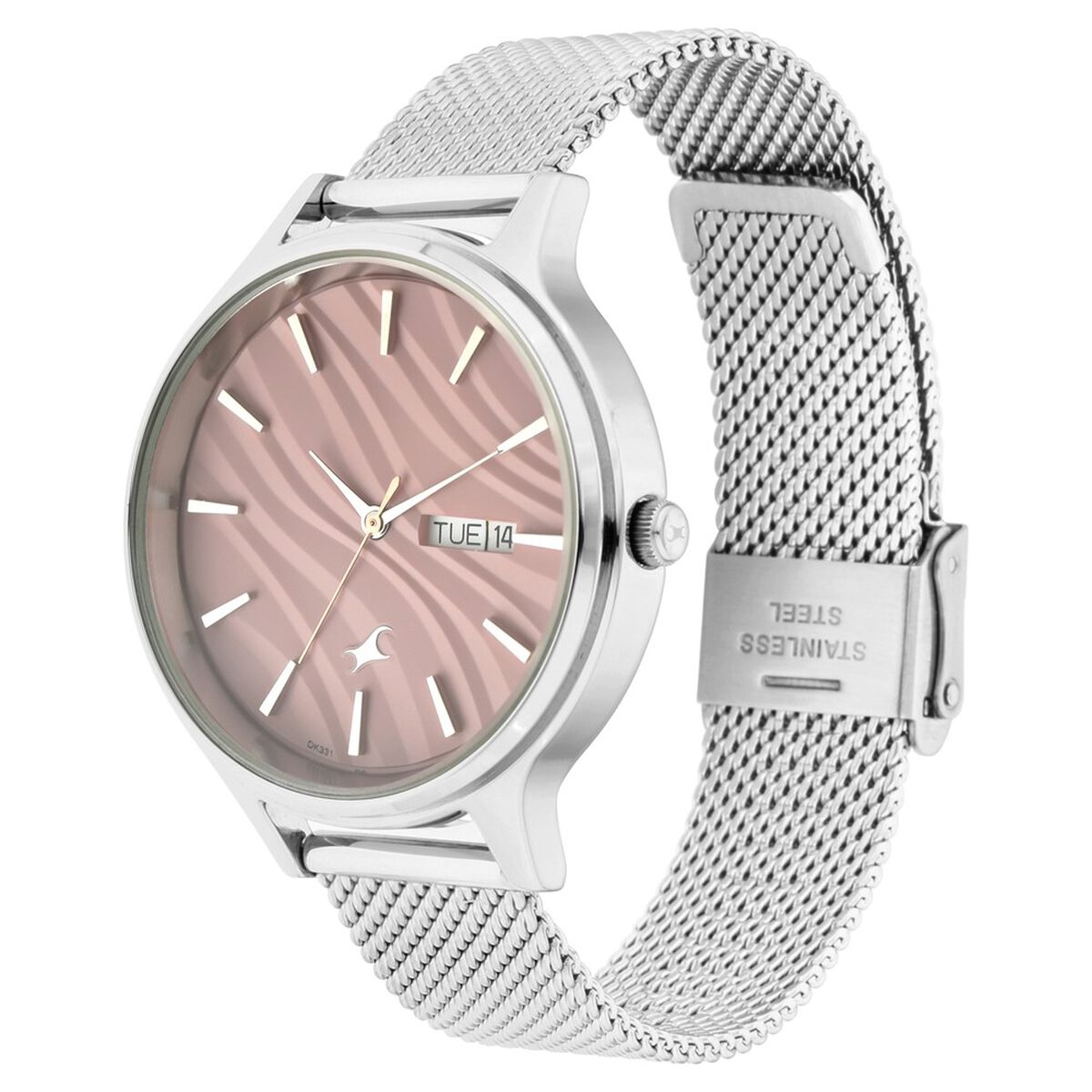 Fastrack Ruffles Quartz Analog with Day and Date Pink Dial Stainless Steel Strap Watch for Girls 4
