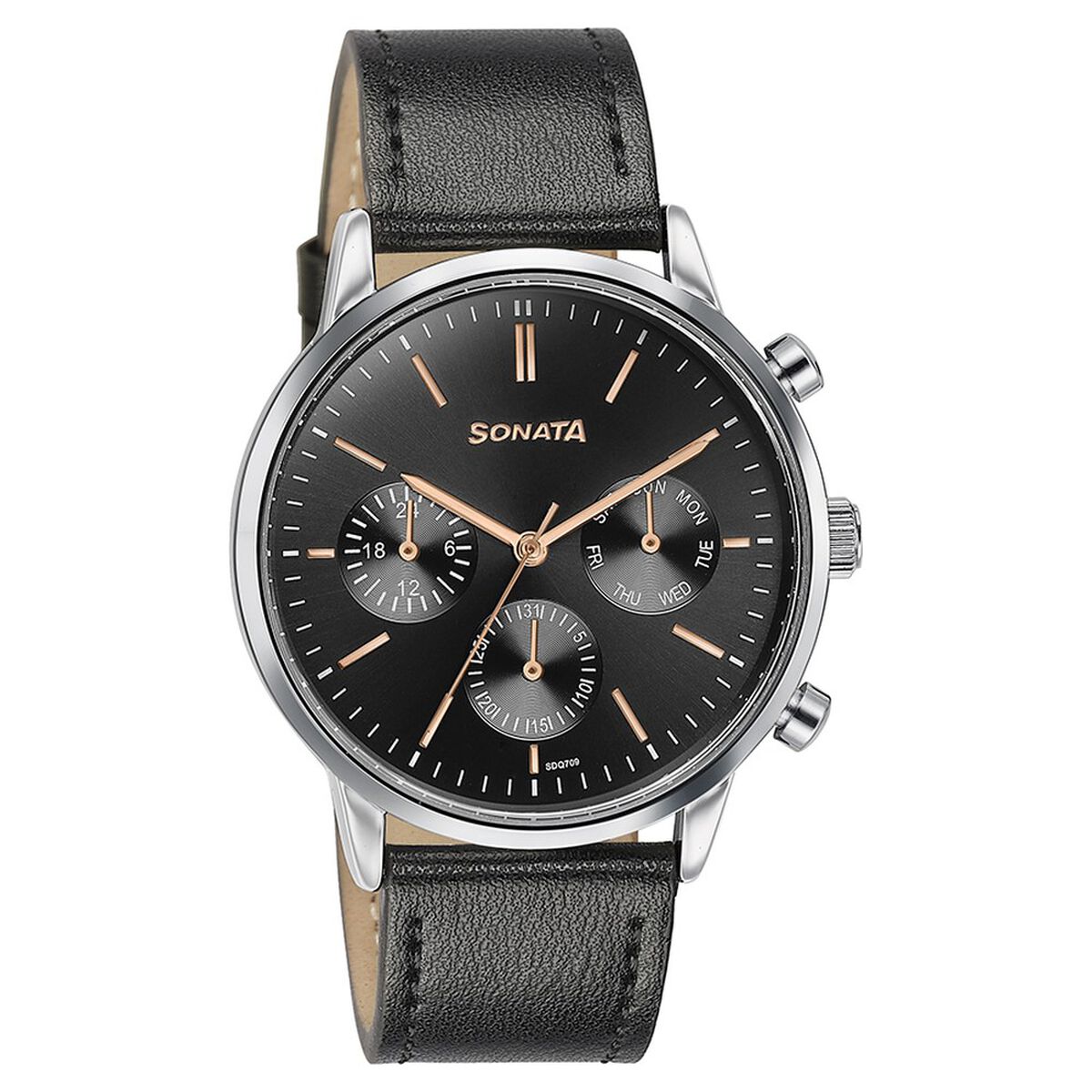 Sonata Quartz Multifunction Black Dial Black Leather Strap Watch For Men 3