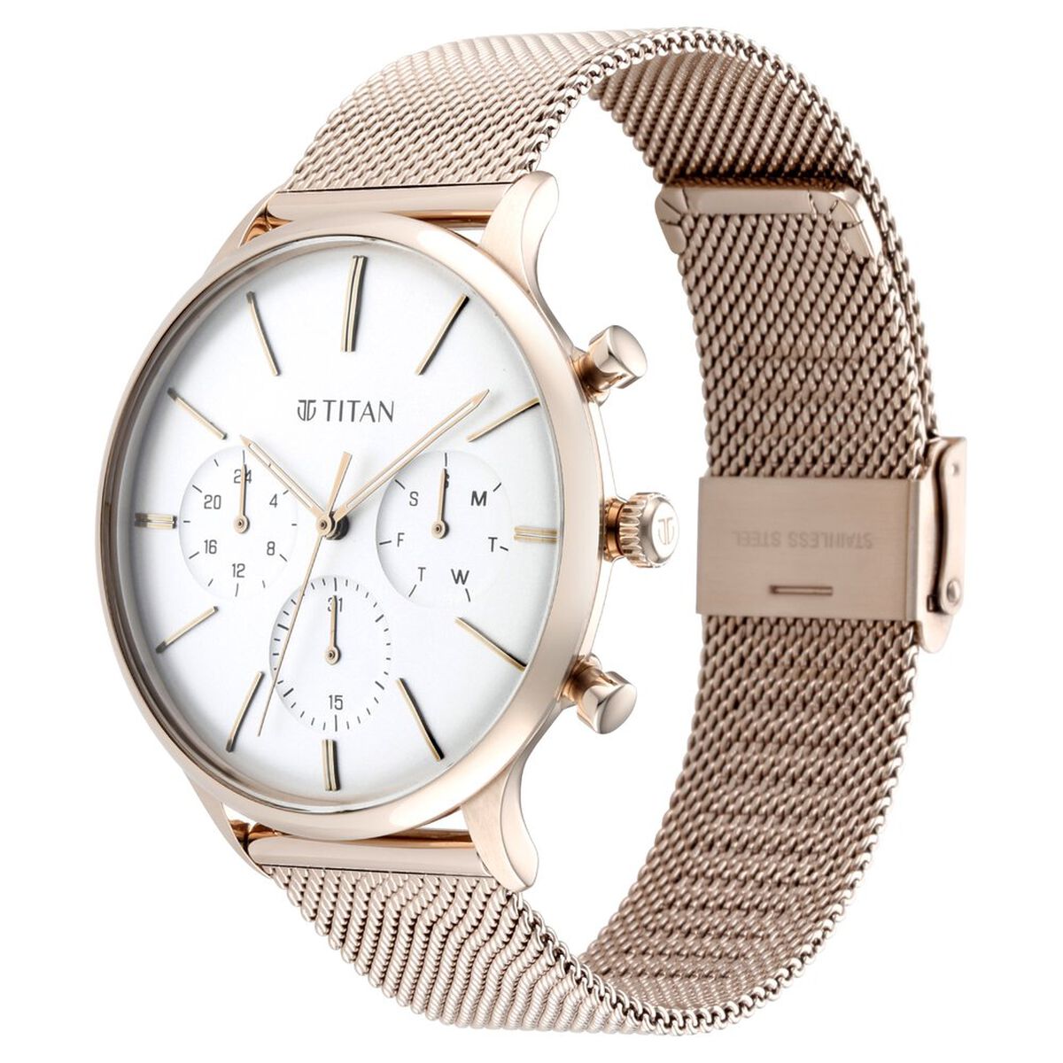 Titan Light Leathers Silver Dial Quartz Multifunction Stainless Steel Strap Watch for Men 4