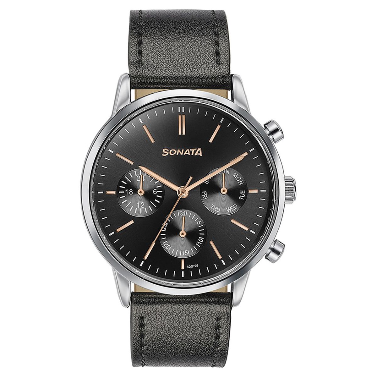 Sonata Quartz Multifunction Black Dial Black Leather Strap Watch For Men 2