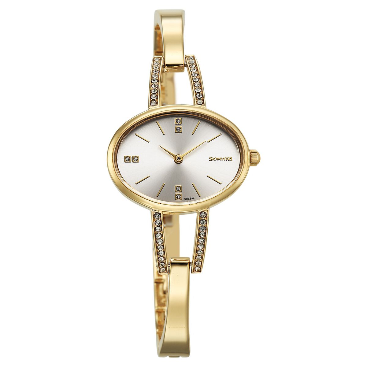 Sonata Aura Quartz Analog Silver Dial Golden Stainless Steel Strap Watch For Women 1