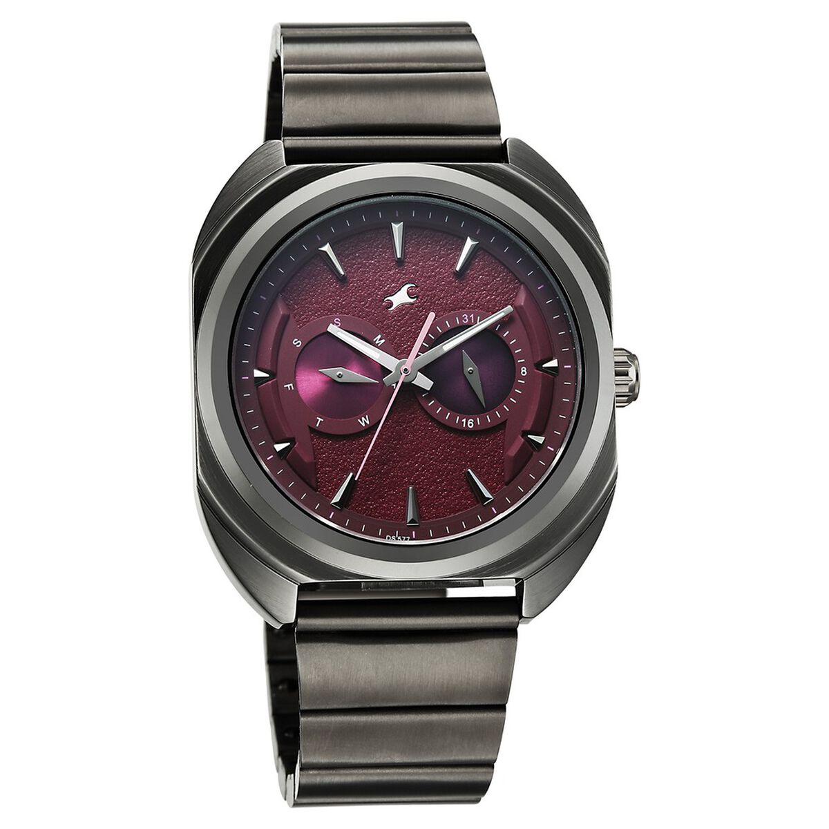 Fastrack Wild Analog with Burgandy Dial Gun Metal Strap Watch for Guys 5