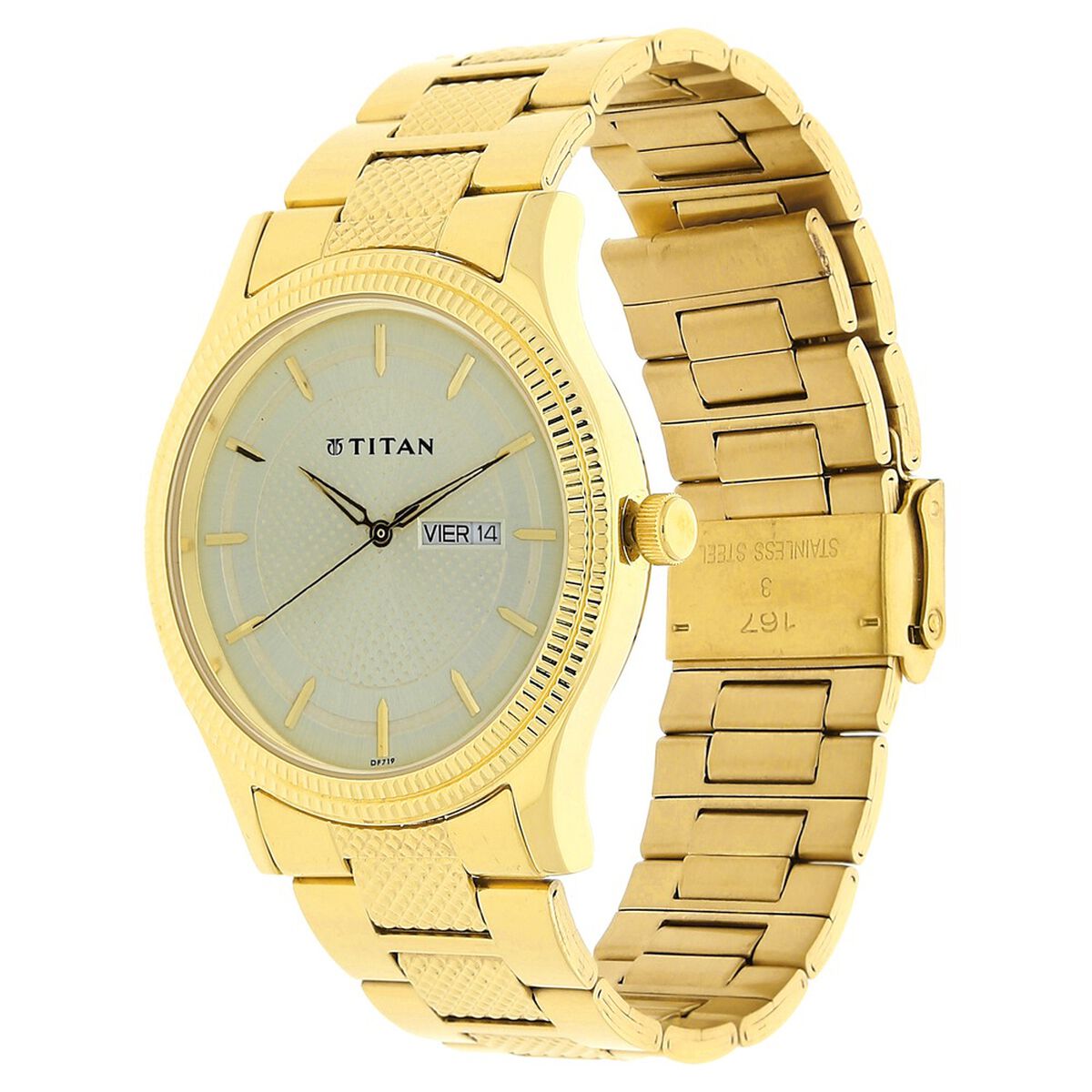 Titan Analog with Day and Date Quartz Champagne Dial Metal Round Stainless Steel Strap watch for Men 2