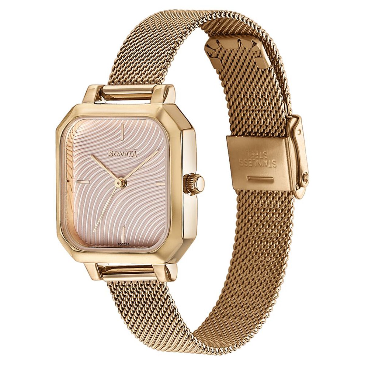 Sonata Modern Edit Quartz Analog Pink Dial Rose Gold Stainless Steel Strap Watch For Women 3