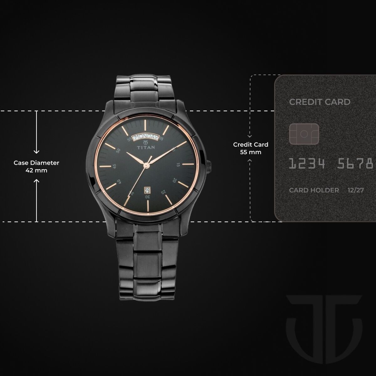Titan Quartz Analog with Day and Date Black Dial Black Stainless Steel Strap Watch For Men 3