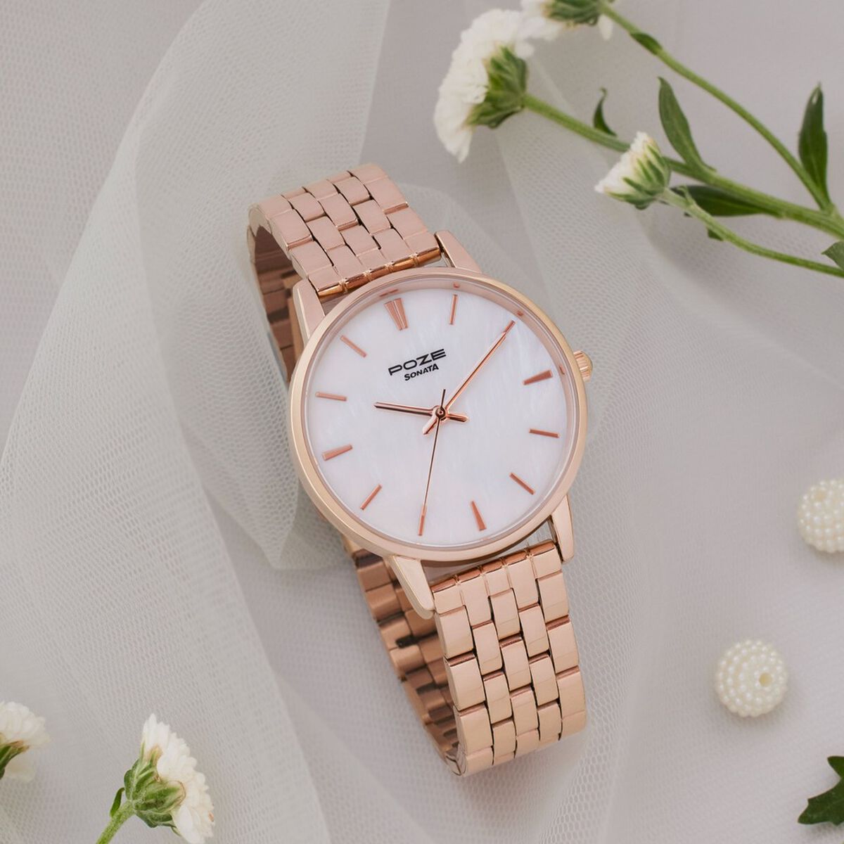 Sonata Poze Quartz Analog Mother of Pearl Round Dial Rose Gold Stainless Steel Strap Watch For Women 1