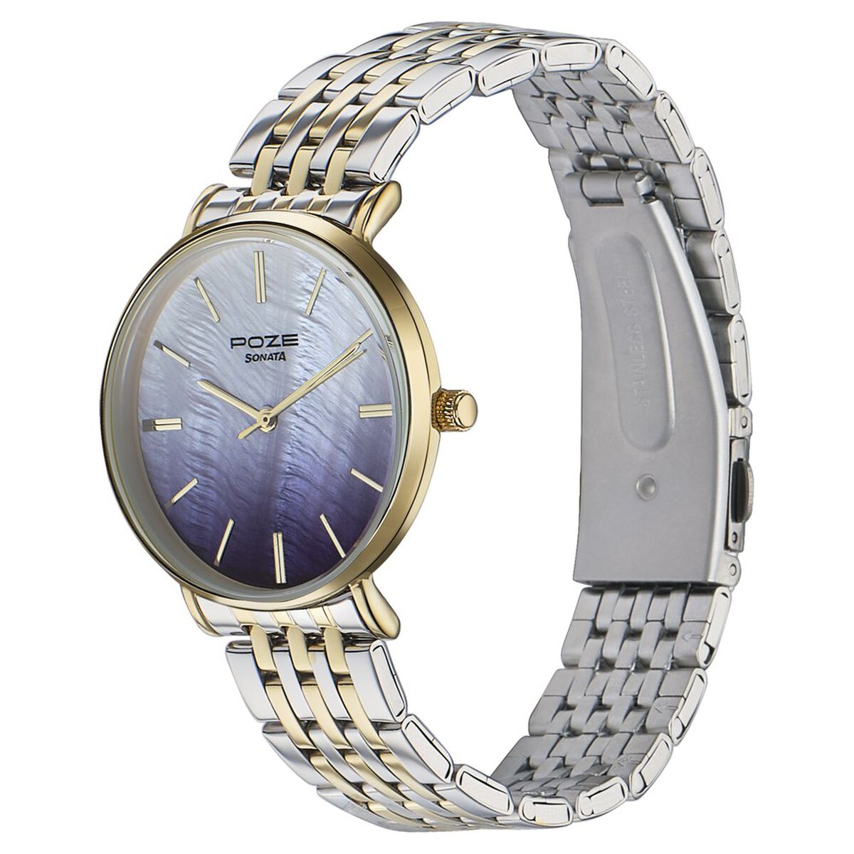 Sonata Poze Quartz Analog Blue Mother Of Pearl Dial Two Toned Color Stainless Steel Strap Watch For Women 4
