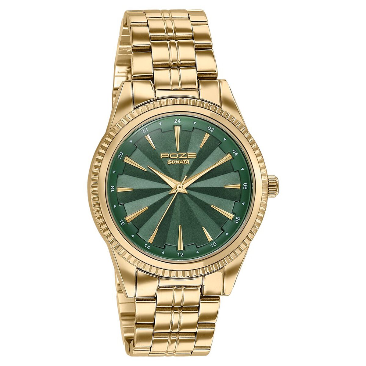 Poze By Sonata Quartz Analog Green Dial Gold Metal Strap Watch For Men 3