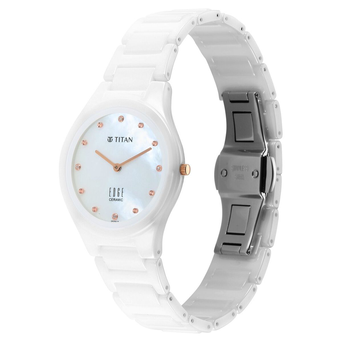 Titan Edge Ceramic Quartz in Arctic White with Diamonds and Rich Mother Of Pearl Dial Watch for Women 4