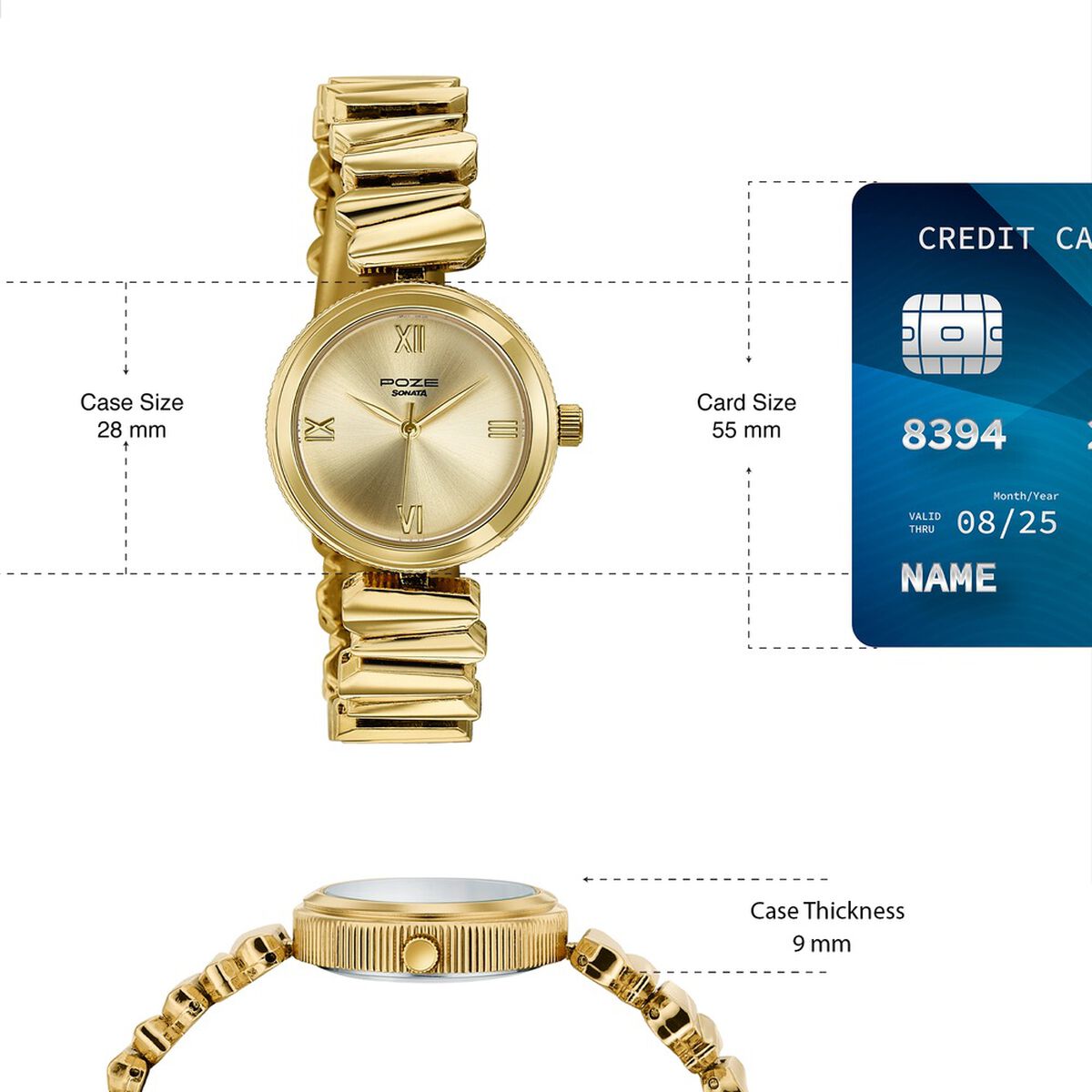 Poze By Sonata Quartz Analog Golden Dial Golden Metal Strap Watch For Women 4