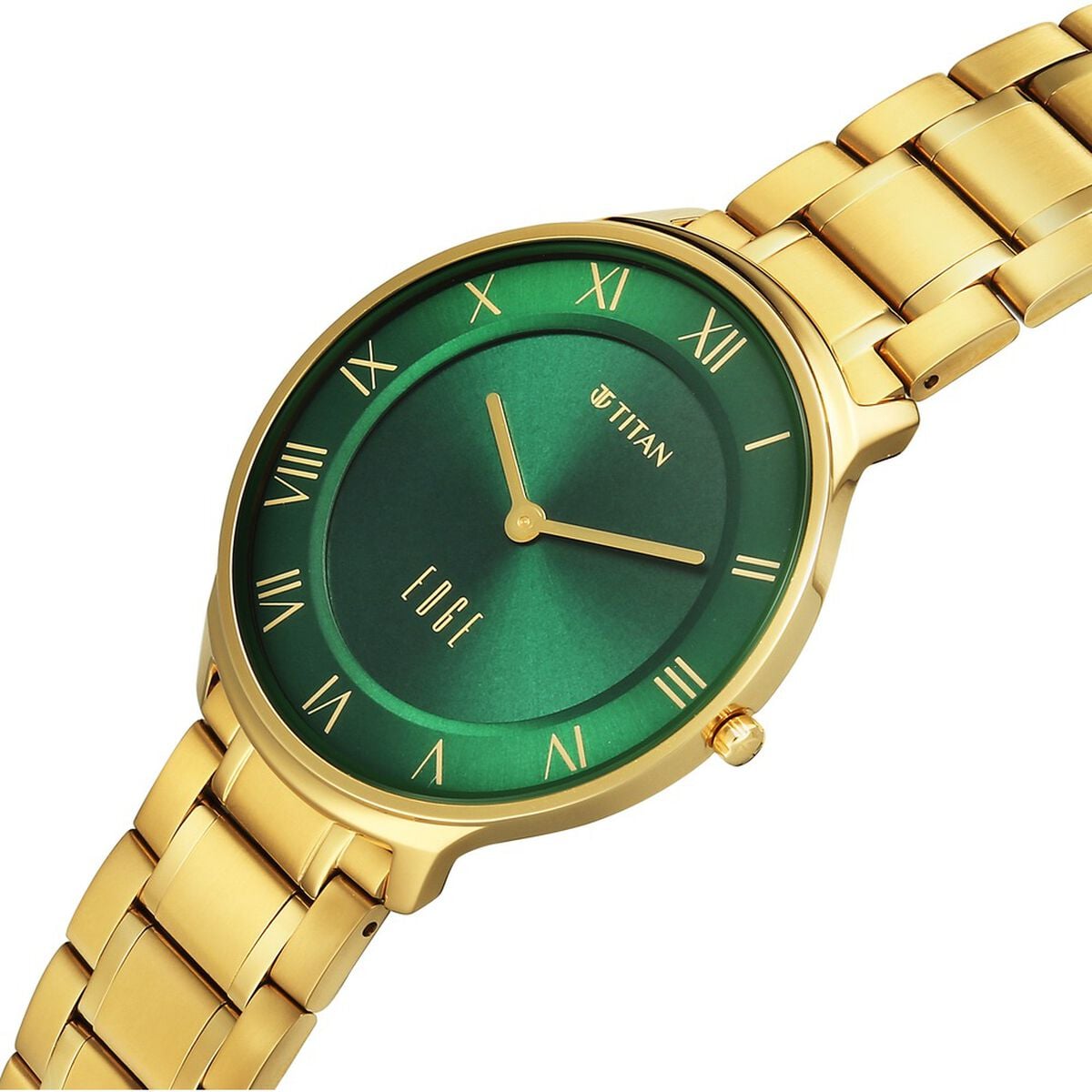 Titan Edge Gleam Quartz Analog Green Dial Golden Stainless Steel Strap Watch For Men 5