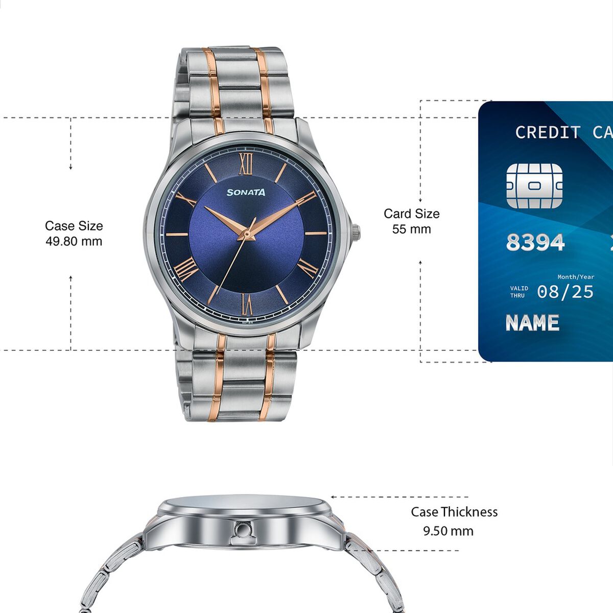 Sonata Traditional Essentials Blue Dial Silver & Rose Gold-Tone Stainless Steel Strap Watch 4